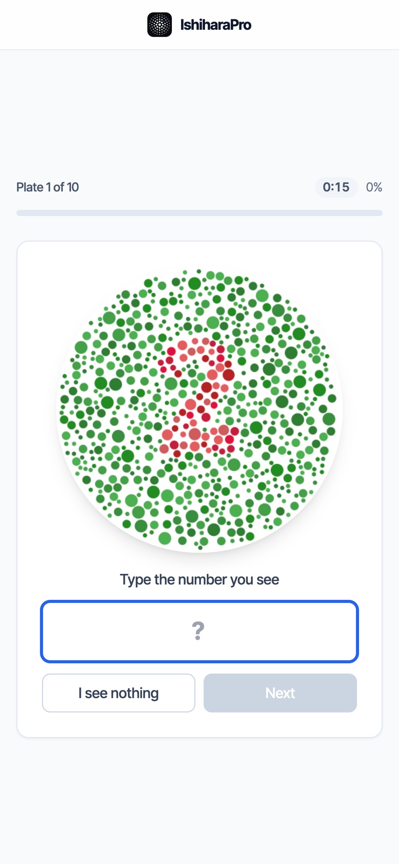 Candidate taking an online color vision screening test on a phone