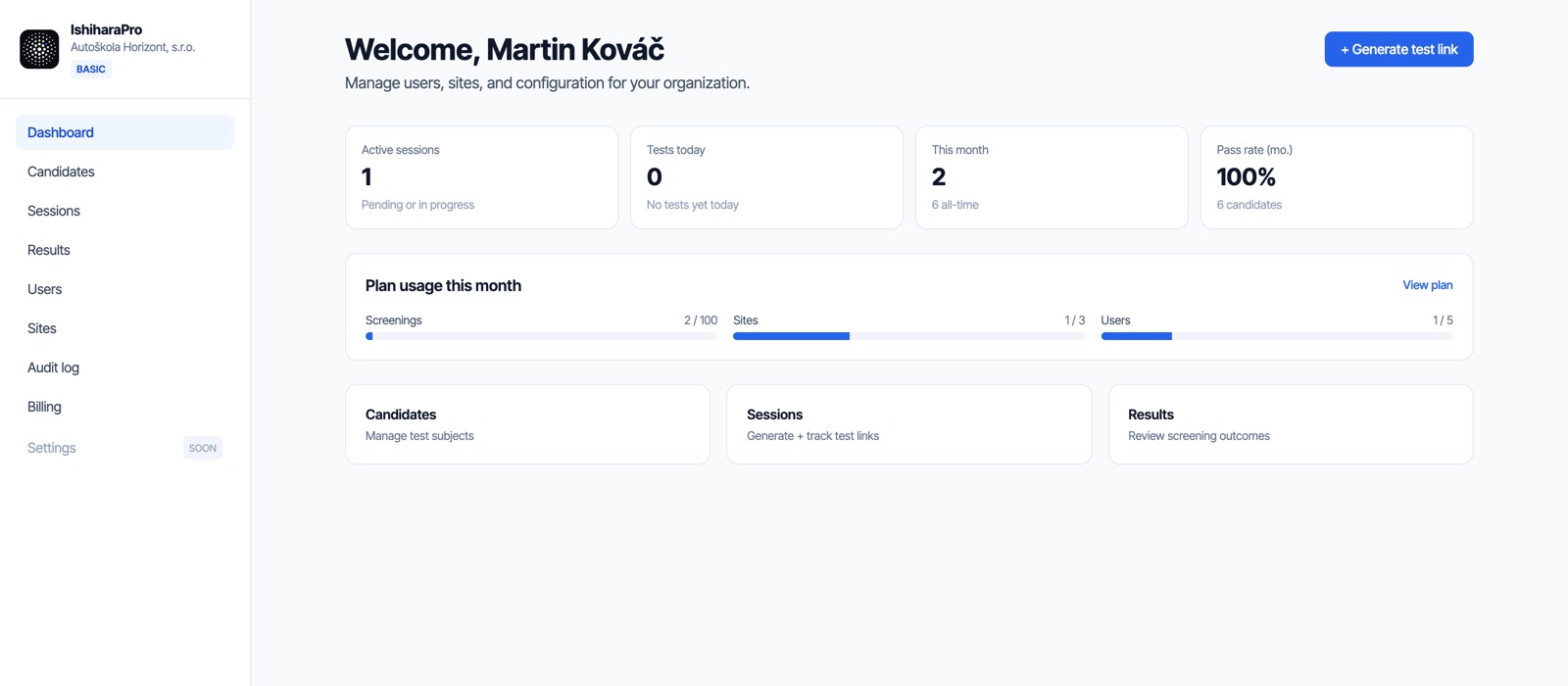 IshiharaPro admin dashboard with usage statistics and pass rate